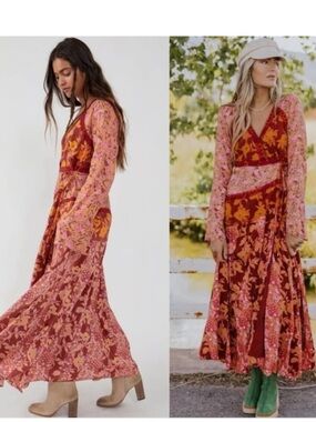 NWT Free People Tilda Wrap Dress in Red Combo Boho Maxi Sz Medium